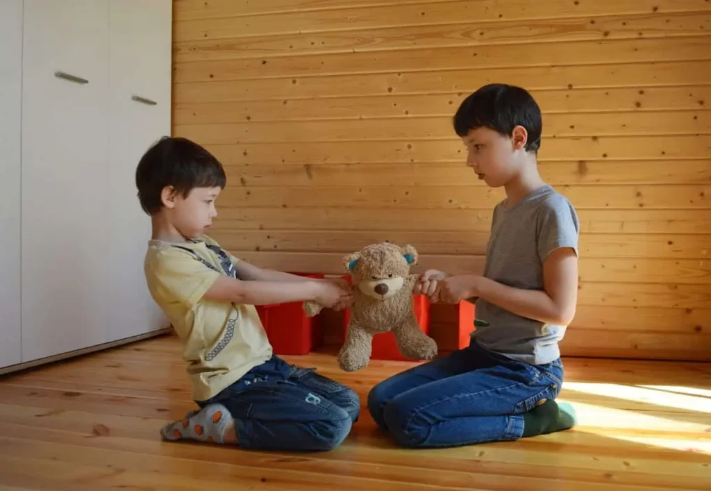 Two brothers fighting for same toy because they don't know how to resolve conflict peacefully