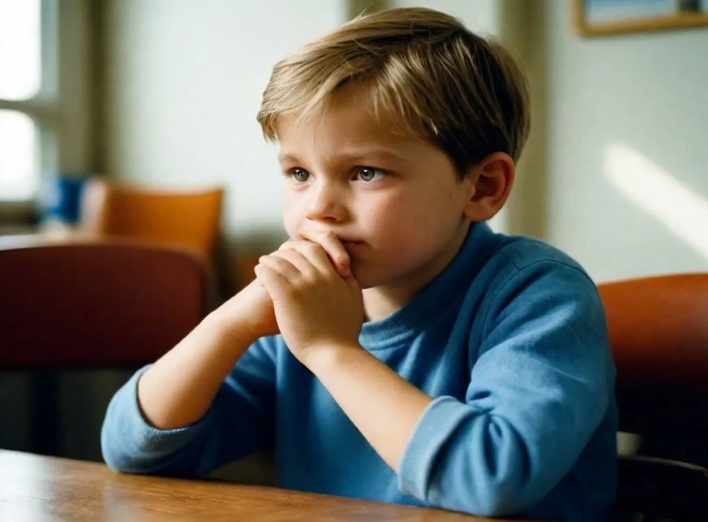 A child sitting on the chair in front of a table with hands on his lips and thinking about different choices