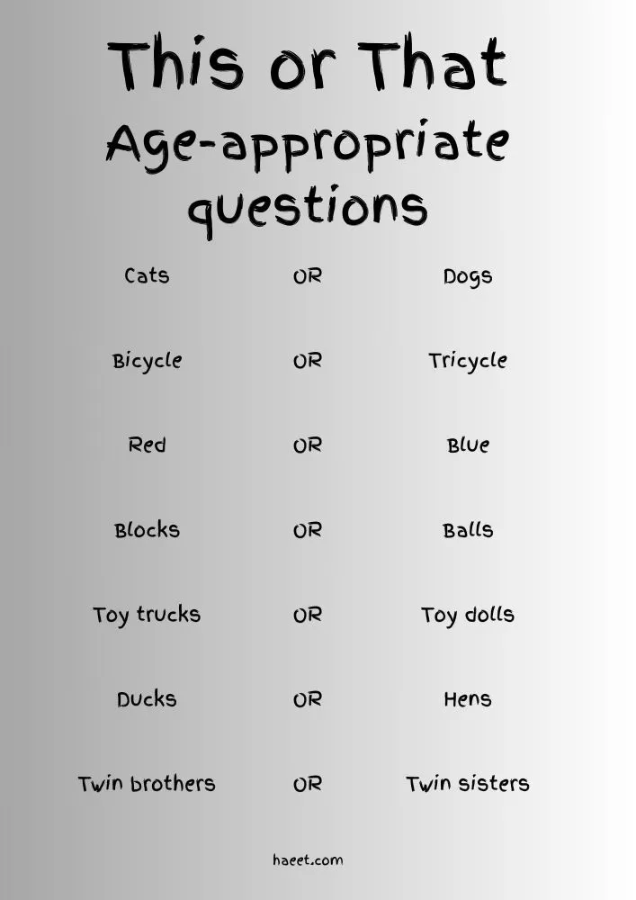 This is a list of thi or that questions and choices for kids focused on different age group with relevant difficulty level