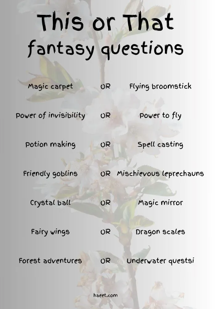 A list of interesting,fantasy this or that questions for kids,  with a brown to White gradient background  that kids love and find fun