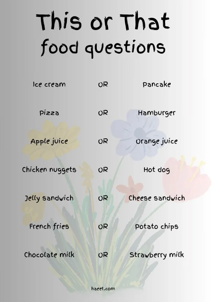 It is a list of this or that questions related to food category which is a best topic to ask questions and give choices to kids 